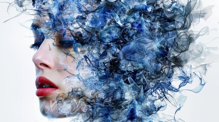 Fototapeta premium Woman with Blue and White Abstract Design, Beauty Portrait with Artistic Makeup, Digital Art