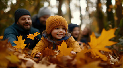 A young child happily plays among the golden autumn leaves with his family, enjoying an outdoor adventure in the forest, the cool autumn air, and the bright colors.