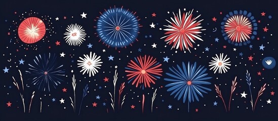 Fototapeta premium Celebratory fireworks illuminating the night sky in a flat design for a festive independence day Stars and stripes motif featured prominently