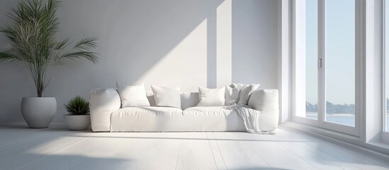 Minimalist white living room featuring a sofa on wooden flooring large wall decor and a serene landscape view through the window Nordic style home ambiance 3D illustration