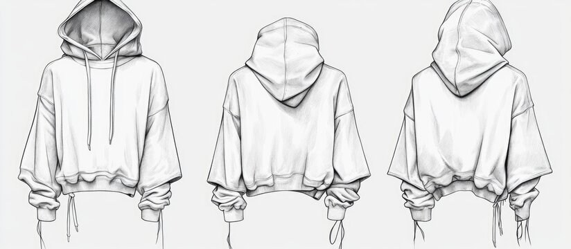 Collection of technical fashion illustrations for a hooded sweatshirt Features batwing sleeves and cropped design with zip up showcasing front and back views for unisex wear