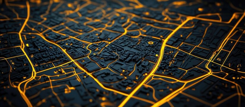 Street map on dark paper illuminated from above featuring a detailed layout Flat perspective