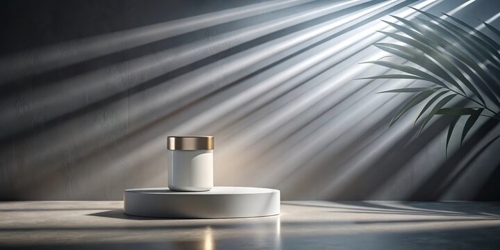 Minimalist luxury skincare jar with gold lid on a round pedestal, illuminated by soft natural light beams, accompanied by a palm leaf shadow, perfect for cosmetic branding, product photography, or bea