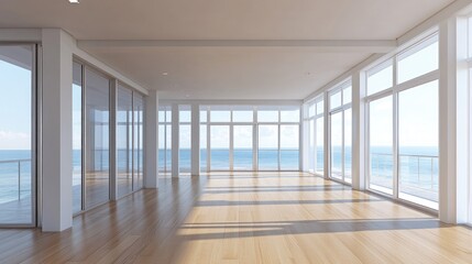 Fototapeta premium Minimalist interior of an empty room featuring large panoramic windows a balcony with a sea view wooden parquet flooring and contemporary architectural design rendered in 3D