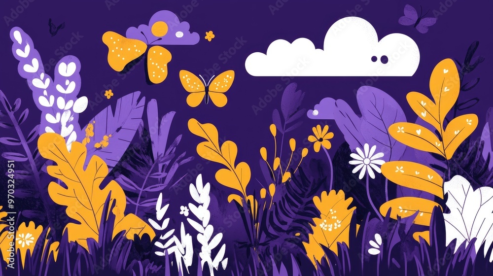 Wall mural Floral arrangement in a contemporary flat design style featuring a purple backdrop Showcasing vibrant leaves plants grass butterflies and clouds in yellow white and black outlines