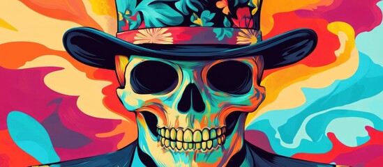 Colorful illustration of a cheerful skull wearing a top hat