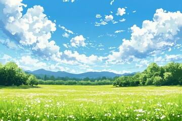 Fototapeta premium A vast, green meadow dotted with white wildflowers stretches towards a line of blue mountains under a bright blue sky with fluffy white clouds.