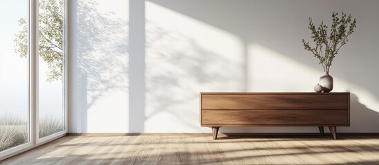 Fototapeta premium Concept of a minimalist Scandinavian interior featuring a dresser on wooden flooring a spacious wall and a white landscape visible through the window Home decor illustration 3D rendering