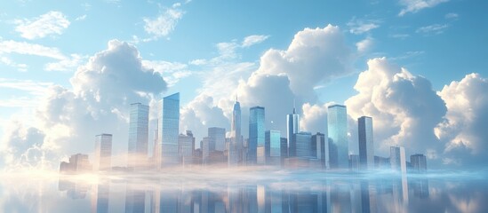 Fototapeta premium Abstract modern city skyline with a cloudy blue sky in the backdrop rendered in 3D illustration