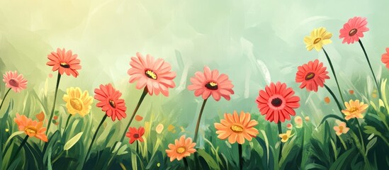 Lush meadow adorned with blooming gerbera flowers featuring a slanted perspective