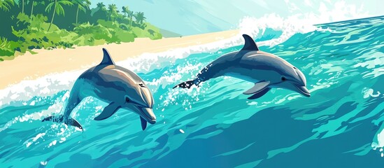 Obraz premium Two dolphins swim in the ocean Illustration capturing a summer beach and shoreline scenery Bitmap copy