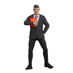 Male Corporate Lawyer 3D. A male lawyer stands with his left hand on his waist while his right hand carries a book in front of his chest. Professional Illustration
