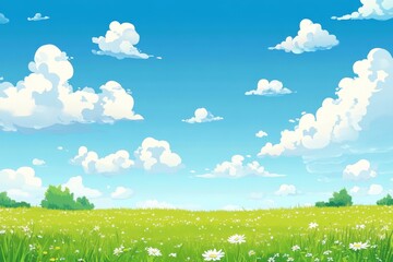 A wide shot of a green grassy field with white daisies, against a bright blue sky with white clouds.