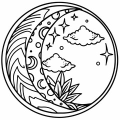 A circle with the moon and the stars