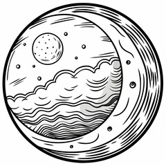 a drawing of a planet with the moon and the ocean in the background.