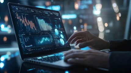 Data Scientist Analyzing Financial Data on Laptop with Futuristic Virtual Interface for Global Business Strategy and Development in Digital Technology