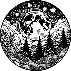 a round moon with a wreath of leaves and flowers