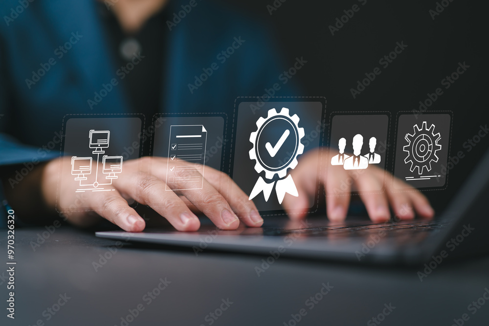 Poster standard quality control certification assurance guarantee concept. business person working with lap