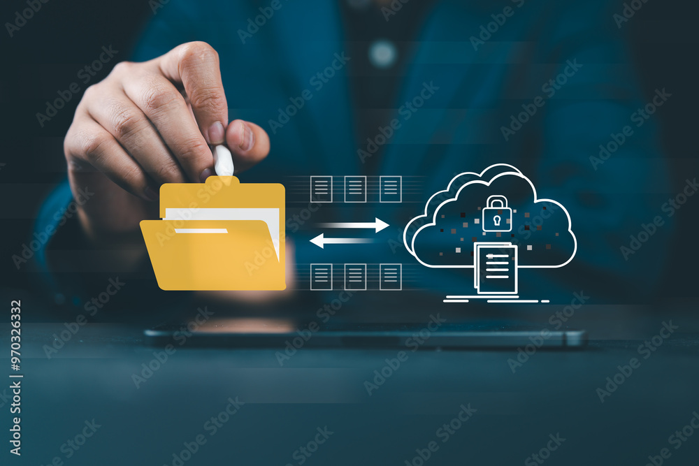 Poster Document management system and cloud security concept. Manage files in folders. file storage on cloud. share database online, Software for archiving, Company transfer data. cybersecurity information,