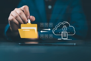Document management system and cloud security concept. Manage files in folders. file storage on...