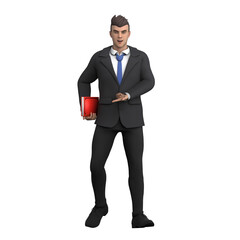 3D Male Lawyer. A male lawyer stands with his right hand holding a book while his left hand points to the book. Professional Legal Character