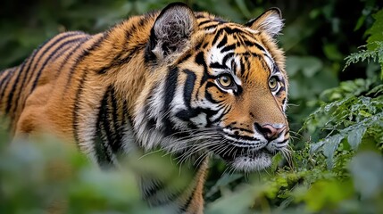 Fototapeta premium Close Up Portrait of a Majestic Tiger in Lush Green Foliage