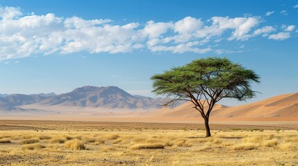 Typical African Lone Acacia Tree in the Namib Desert &ndash; Namibia and South Africa
