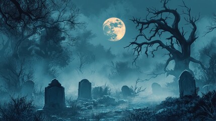 Eerie Graveyard Under Moonlight - Spooky Halloween Background with Gravestones, Dead Trees, and Fog.