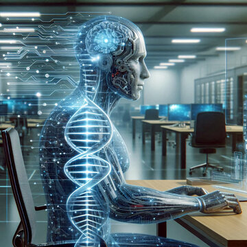  DNA Computer mit k&uuml;nstlicher Intelligenz in Form eines Softwareingeneers, der auf einem Stuhl sitzt und an einem Computer arbeitet.