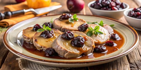 Sliced Pork Tenderloin with Cherry Sauce and Fresh Herbs
