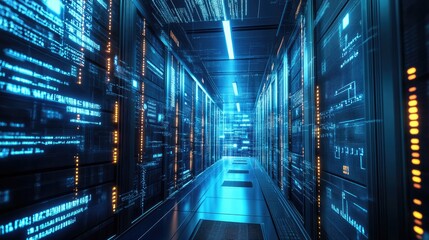 Obraz premium An illuminated hallway of a modern data center with rows of servers and glowing blue and orange lights.