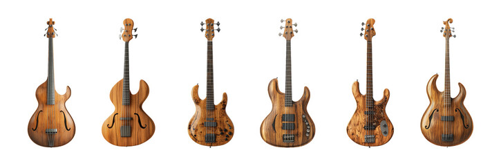 Fototapeta premium Six Artistic Wooden Guitars with Transparent Background Vintage Style