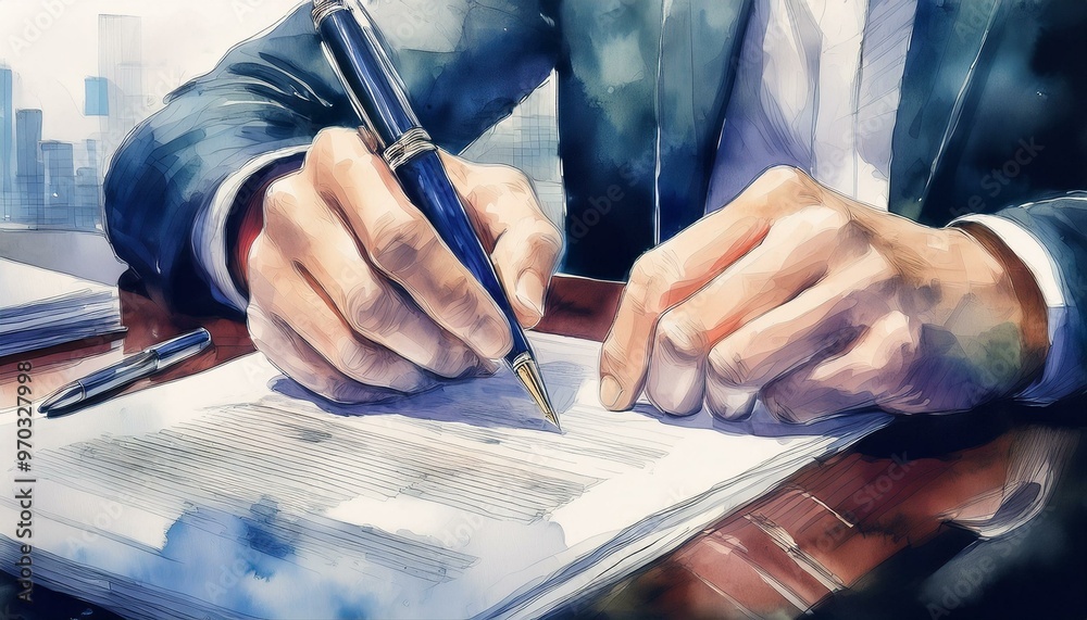 Wall mural close-up illustration of a businessman in a suit signing an official document with a pen, symbolizin