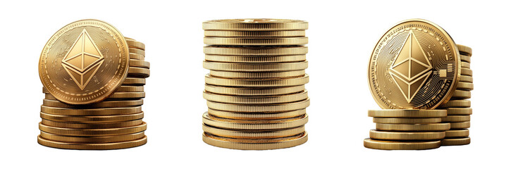Stacks of Ethereum Coins Isolated on Transparent Background