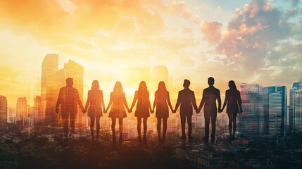 Double Exposure of Diverse Business Team Members Joining Hands Against a Modern City Skyline, Symbolizing Teamwork and Volunteer Charity Efforts