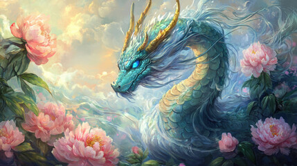 Obraz premium Dragon and Peonies.