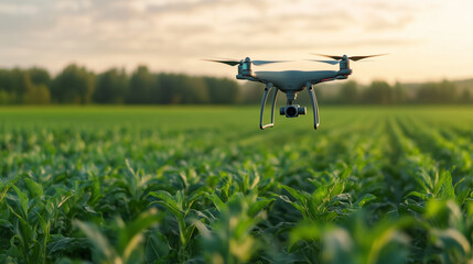 A drone hovers above lush green field, capturing aerial views of crops in serene agricultural landscape. scene reflects modern farming technology and innovation.