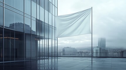 Blank White Flag Waving on Rooftop of Modern Skyscraper Building with Cityscape View.