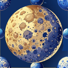 a poster with a blue and yellow moon and bubbles