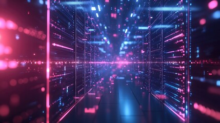 Obraz premium Abstract digital corridor with pink and blue glowing lines.