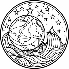 a black and white drawing of a planet with a mountain in the background
