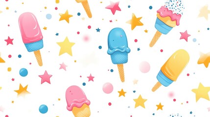 Colorful ice cream seamless pattern featuring stars and circles on a white background Cartoon design suitable for web advertising banners posters flyers and business cards
