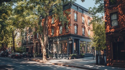 Historic Brick Building with Large Windows on a Sunny Day in a City Street