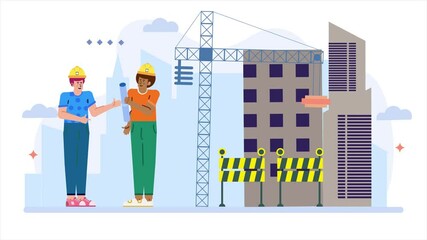 Illustration of construction workers discussing building plans on site