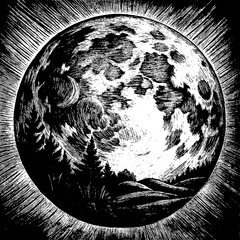 a black and white image of a planet with trees and clouds.