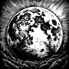 a black and white drawing of a moon with a tree in the middle