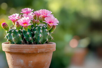 A vibrant cactus in a terracotta pot adorned with pink flowers, set against a blurred background.