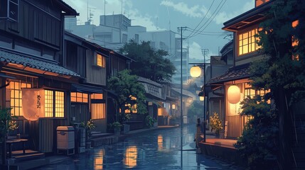 Lofi Beautiful Japanese Japan Tokyo City Town in Evening - Anime Style Cozy Home House Street Asia Asian Architecture Chill Relax

