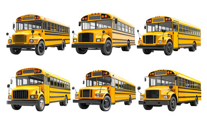Collection of Six Yellow School Buses on Transparent Background