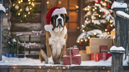 Saint Bernard in Santa Hat Sitting Beside Christmas Presents on a Snowy Porch